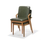 Gramercy Side Chairs stacked, oak frame with FQ-1851 Vintage Fern Green upholstery, front three-quarter view