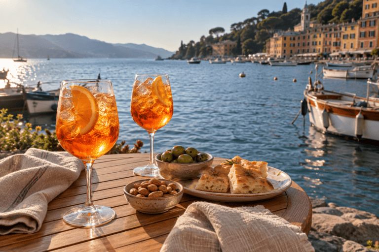 Spritz, olives and focaccia at a harbor-side table