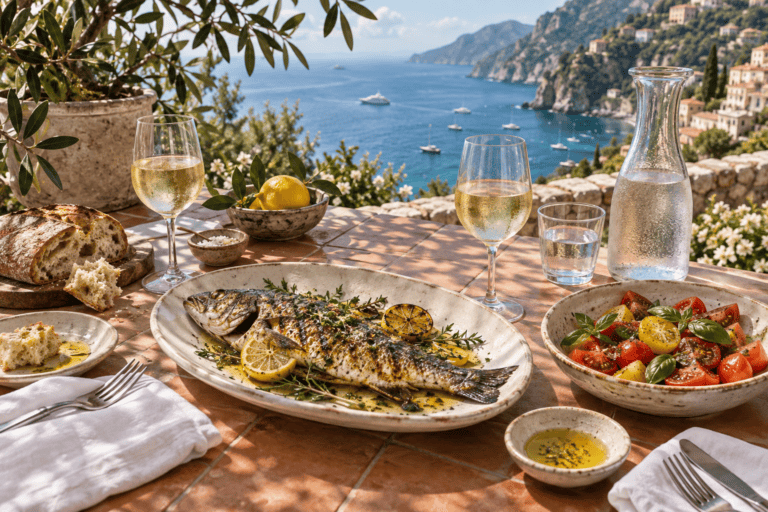 Grilled fish, white wine and a sea view from a sunlit terrace