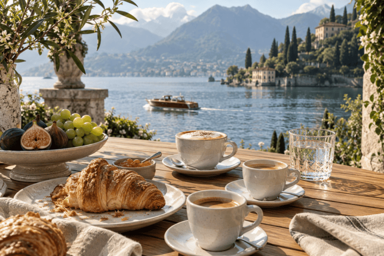 Espresso, pastries and still water on a lakeside terrace