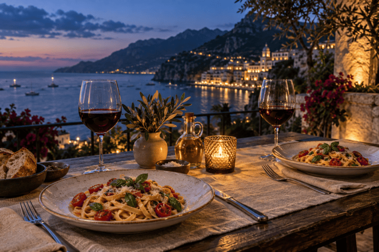 Candlelit pasta dinner on a coastal terrace at dusk