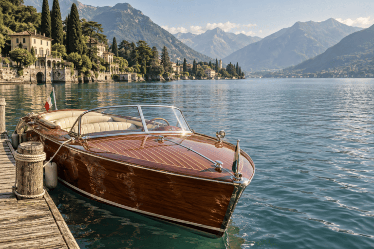 A classic wooden runabout moored at a lakeside dock