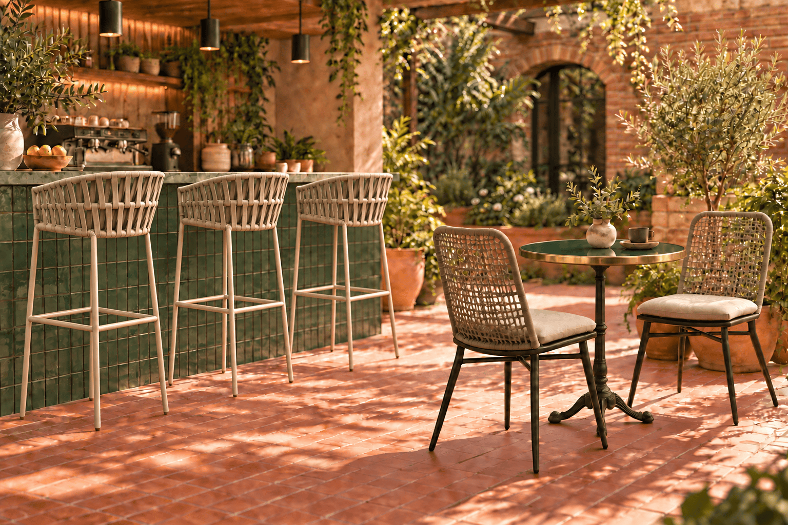 Toulon bar stools and Lorenzo chairs in a garden café