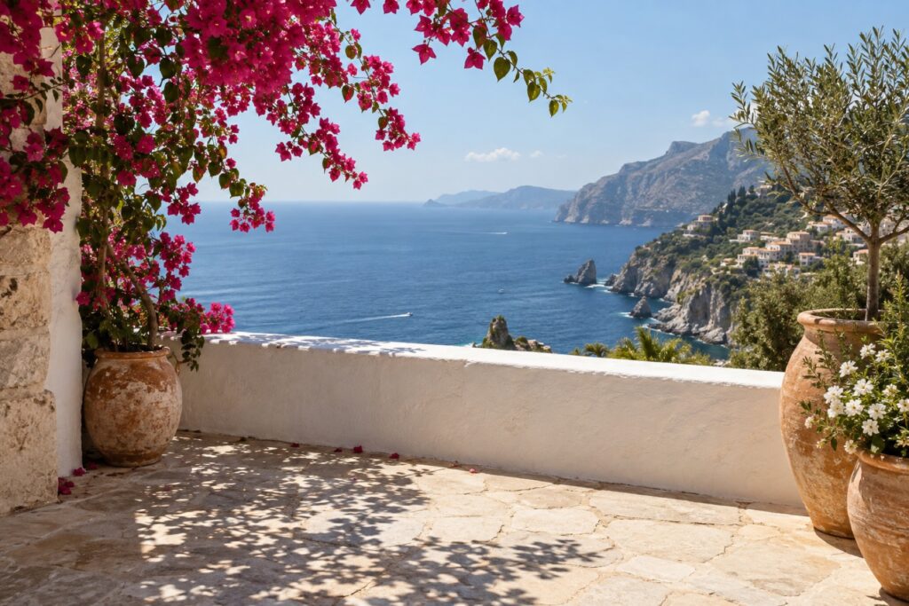 Coastal terrace view – DesignForm poly-molded outdoor chairs