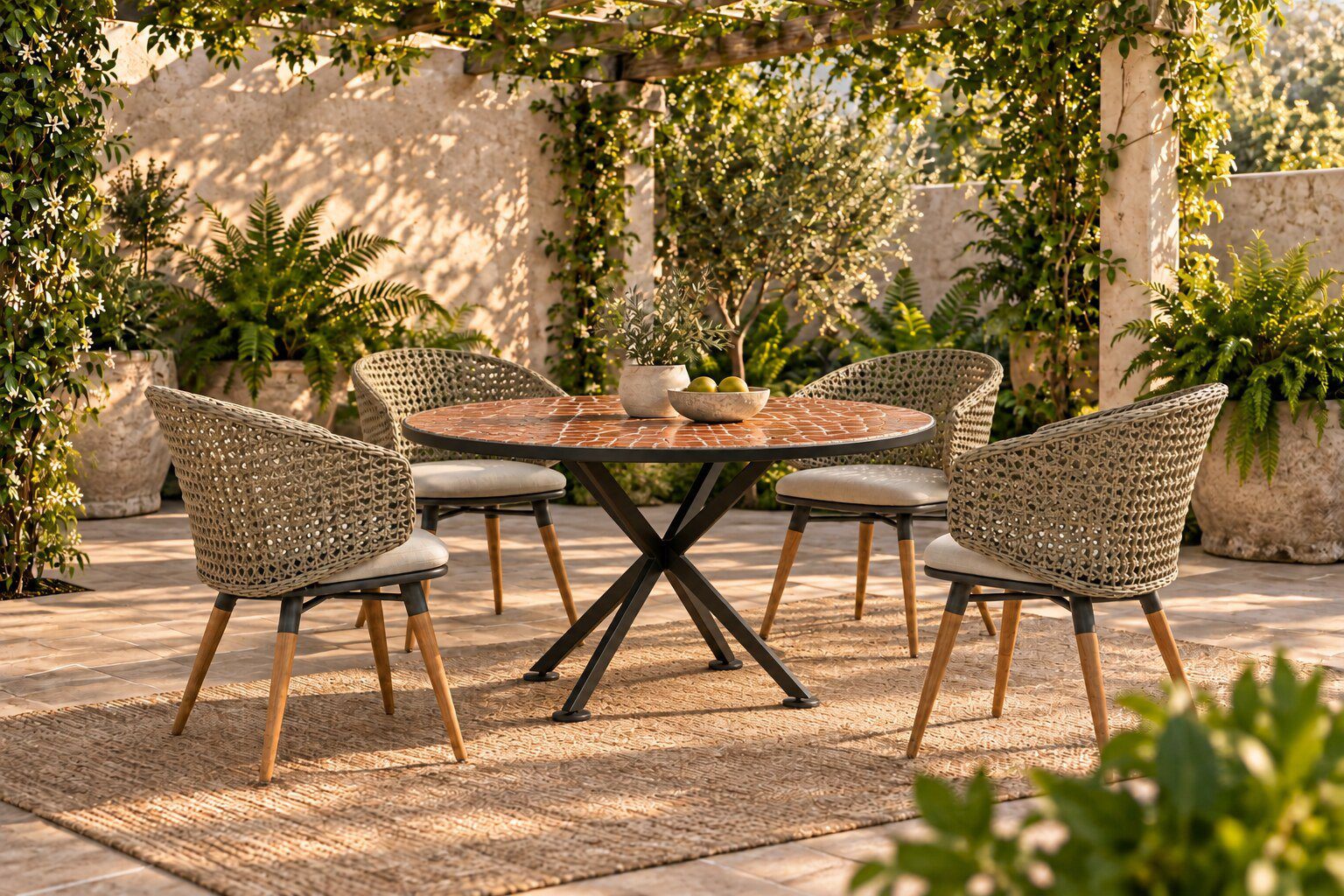 Bowman woven chairs around a terracotta-tile table under a pergola