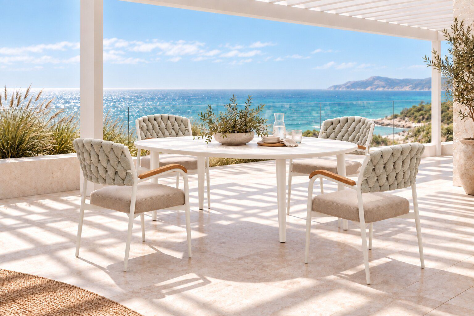 White Edgewater chairs on an oceanfront terrace