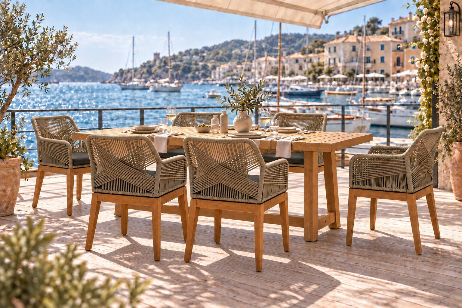Concept rendering: Al Fresco rope-back armchairs at a teak table on a harbor terrace