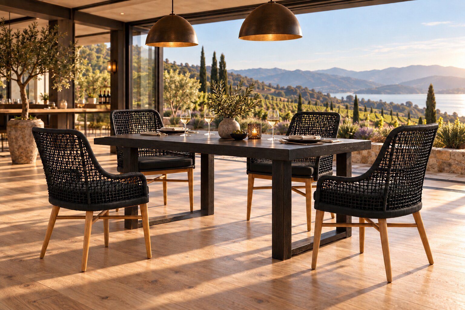 Soleil chairs in an indoor-outdoor restaurant overlooking vineyards