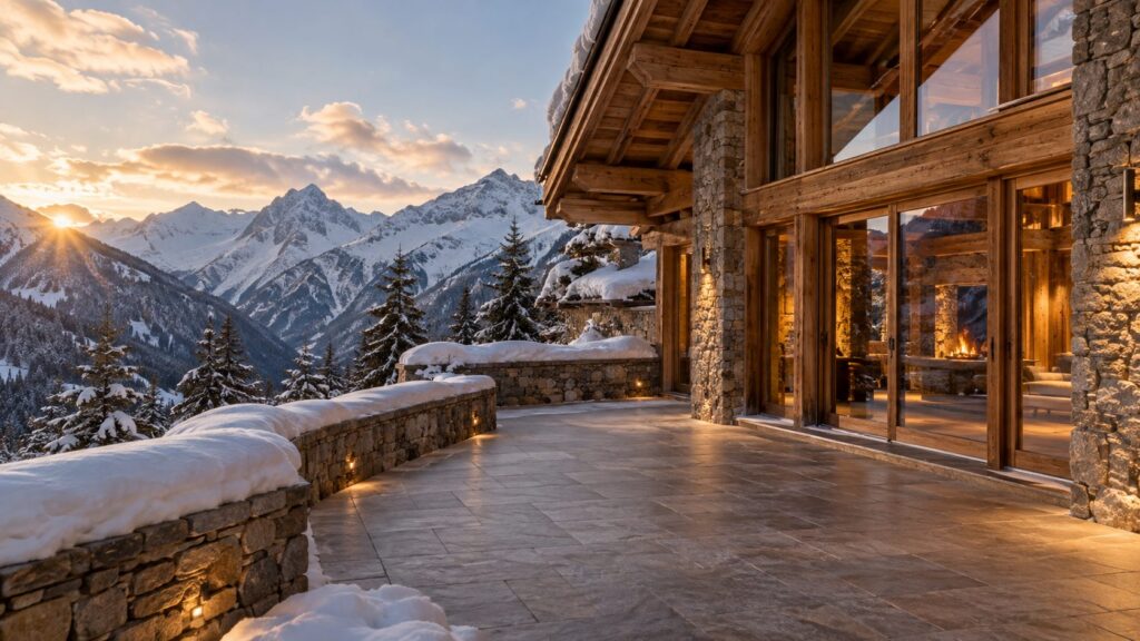 Snow-covered mountain lodge terrace at sunset