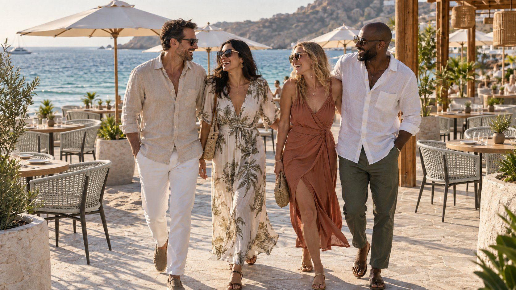 Four friends laughing as they walk through a sunlit beach club.