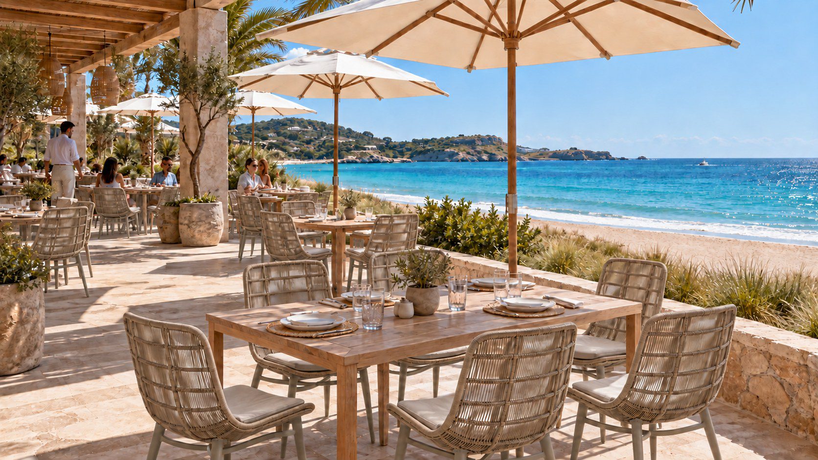 Sunlit beach-club terrace with woven dining chairs and teak tables beneath cream umbrellas, overlooking turquoise water.