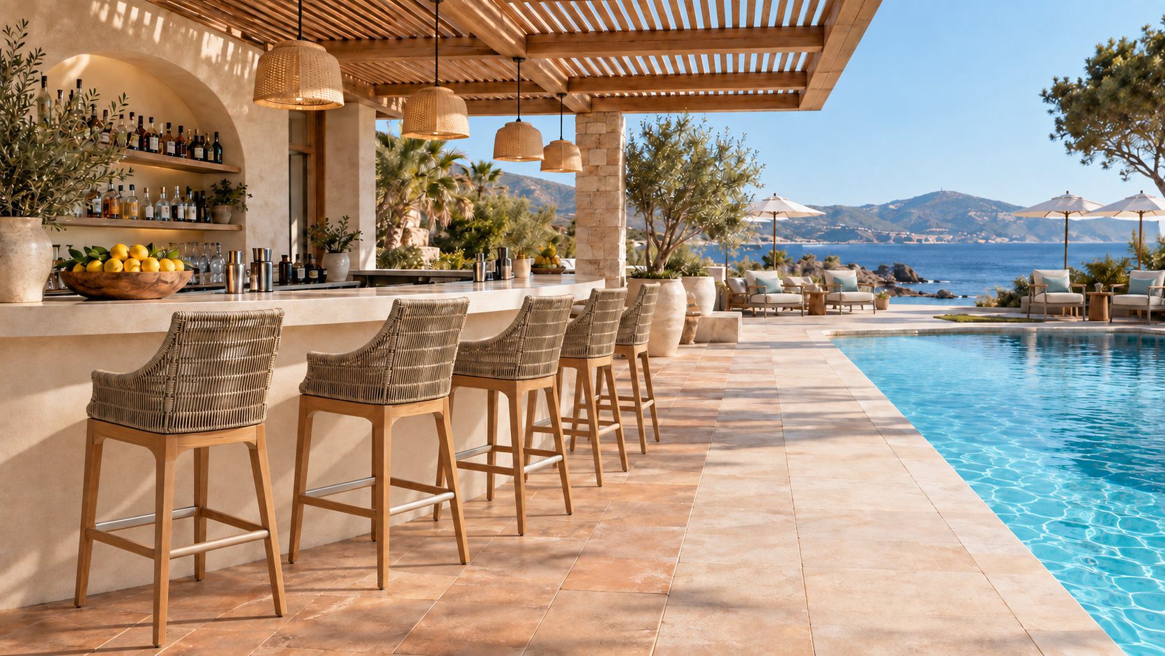 Woven bar stools with teak legs at a poolside bar beneath a timber pergola, overlooking the sea.