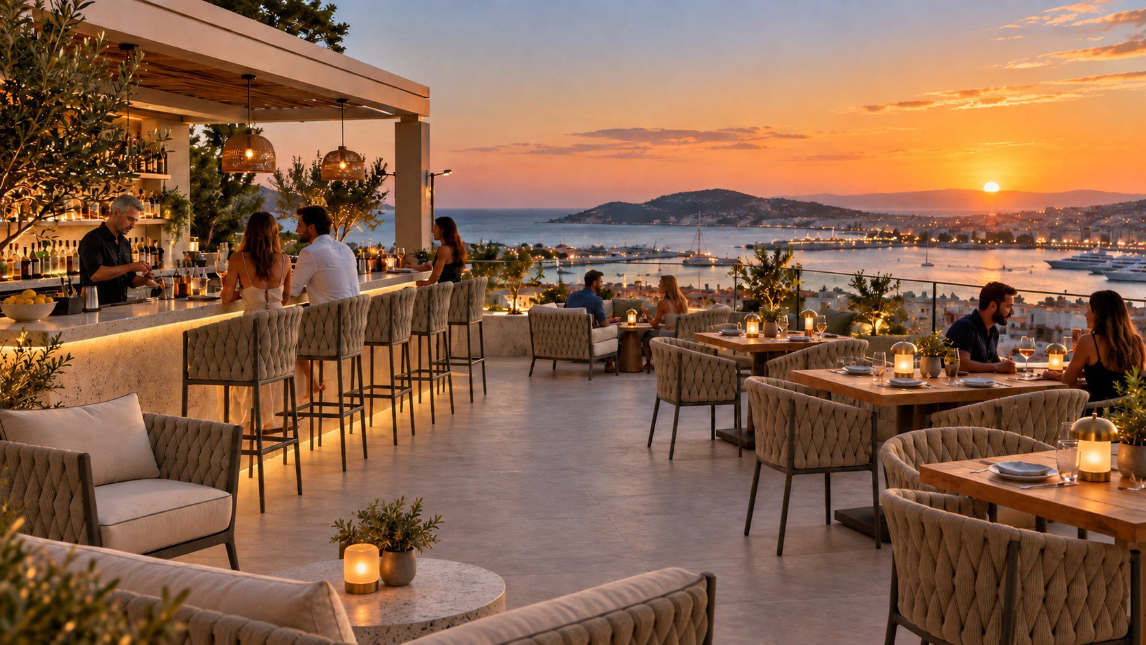 Rooftop bar at sunset with woven bar stools, dining armchairs and lounge seating overlooking a harbor.
