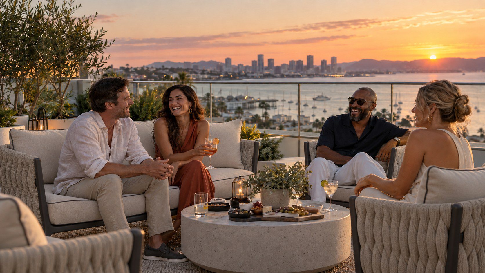 Friends talking on a rooftop lounge with a sunset harbor view.