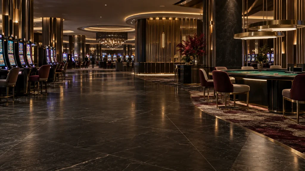 Casino floor with lounge seating, gaming tables and slot machines