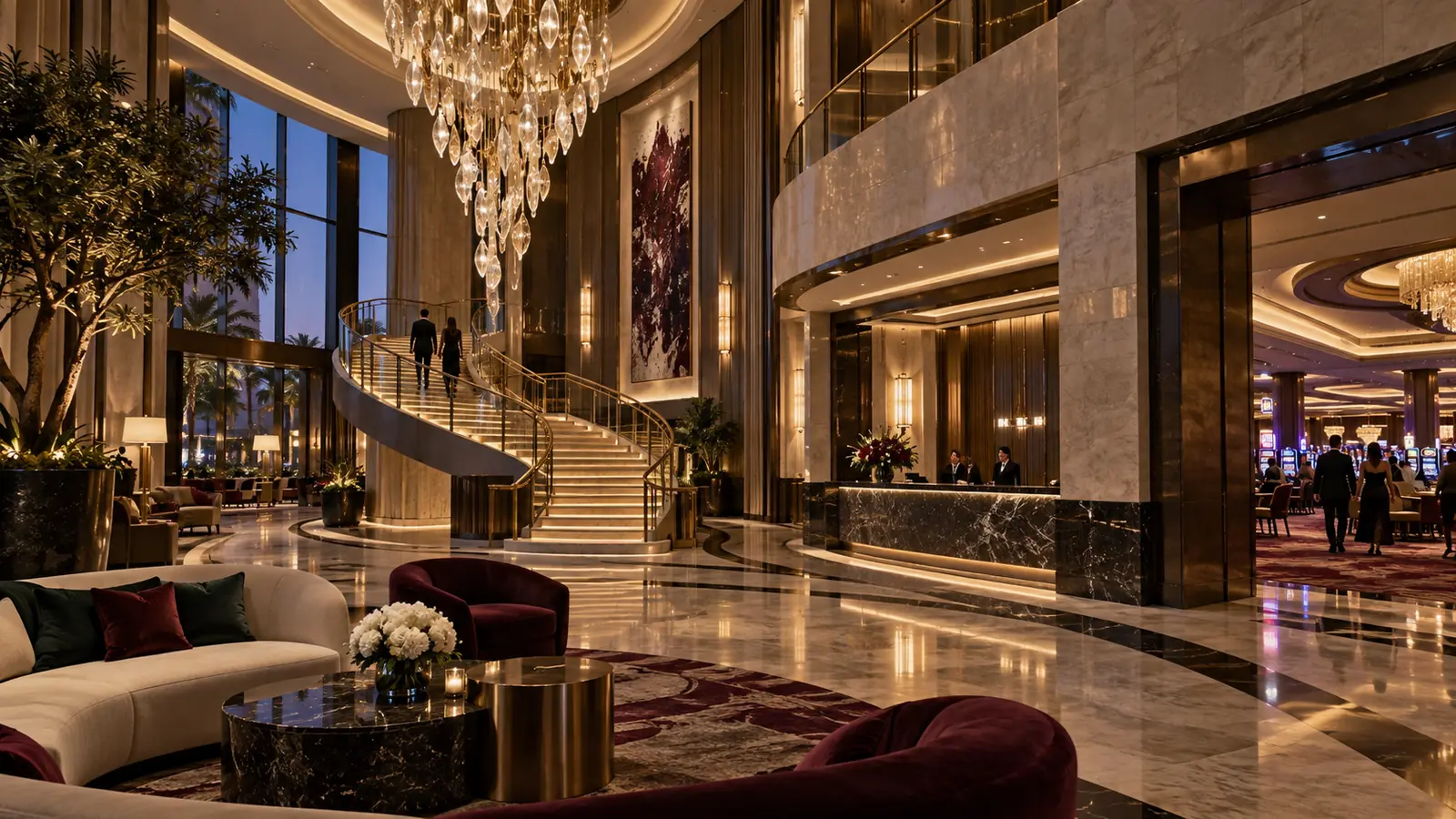 A double-height casino hotel lobby with a curved staircase and chandelier