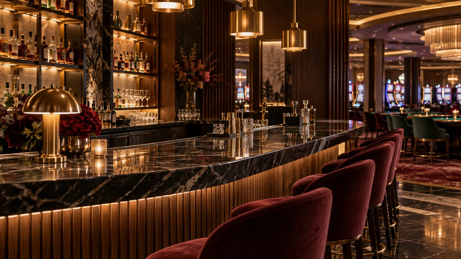An upscale casino cocktail bar with a dark stone counter and brass pendant lights
