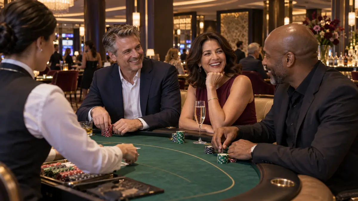 Friends talking at a green-felt gaming table