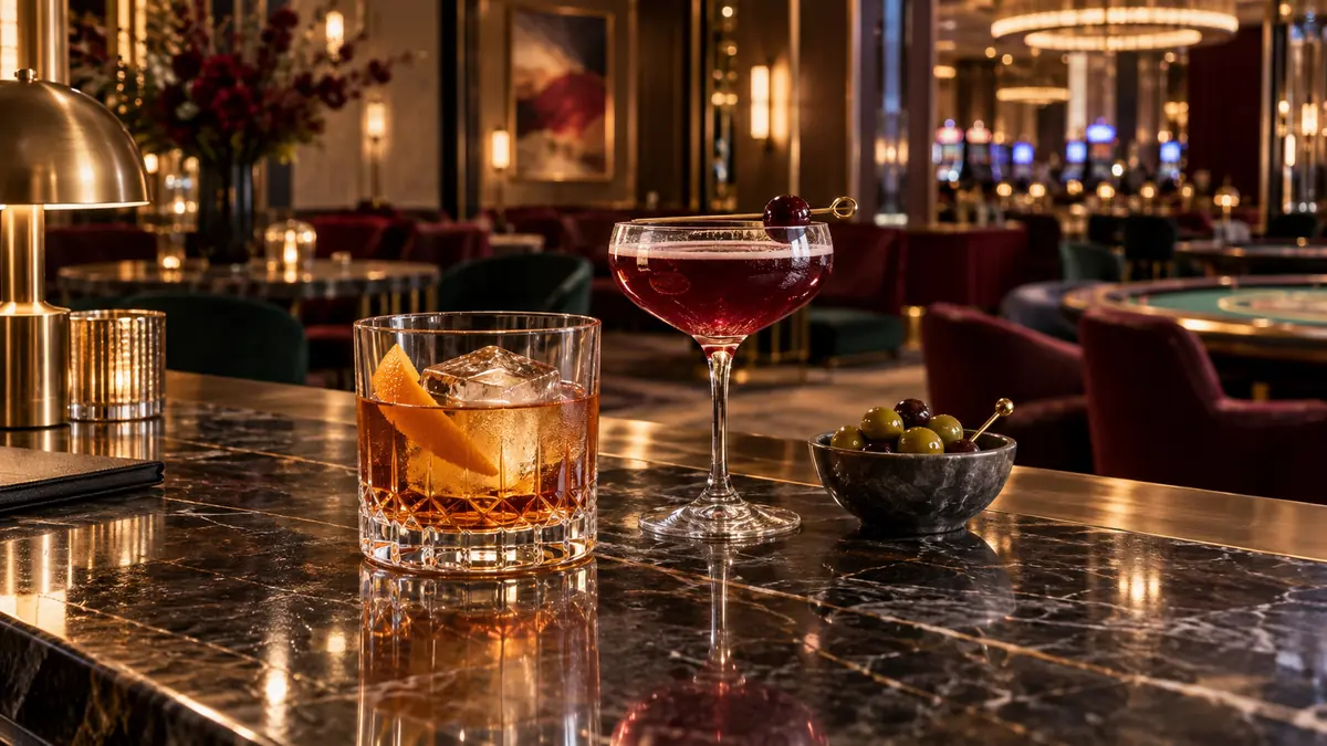 An old fashioned and a ruby cocktail on a dark stone bar