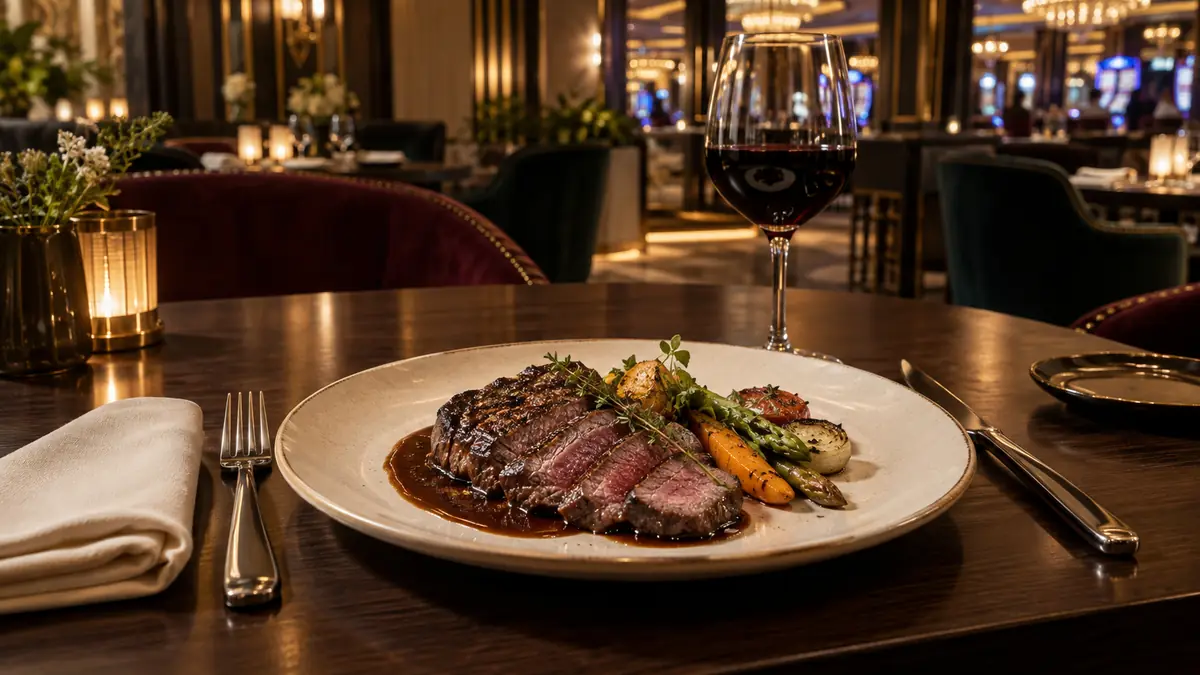 A plated steak and red wine on a walnut table in a casino steakhouse