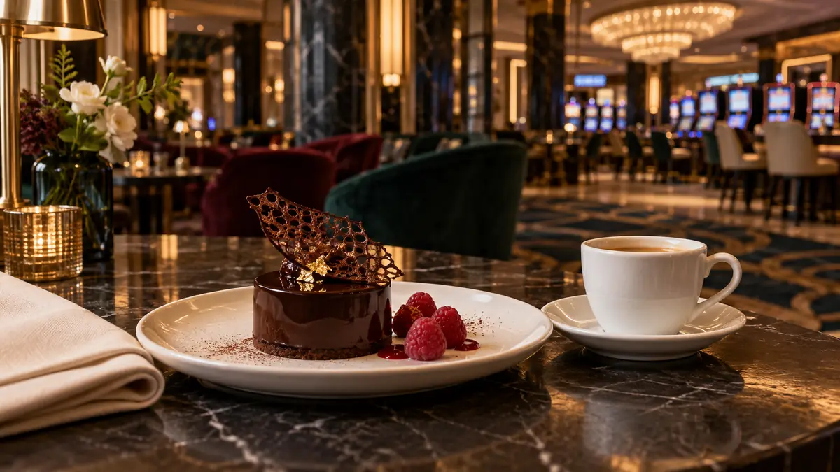 A chocolate dessert and espresso on a dark stone table in a hotel lounge