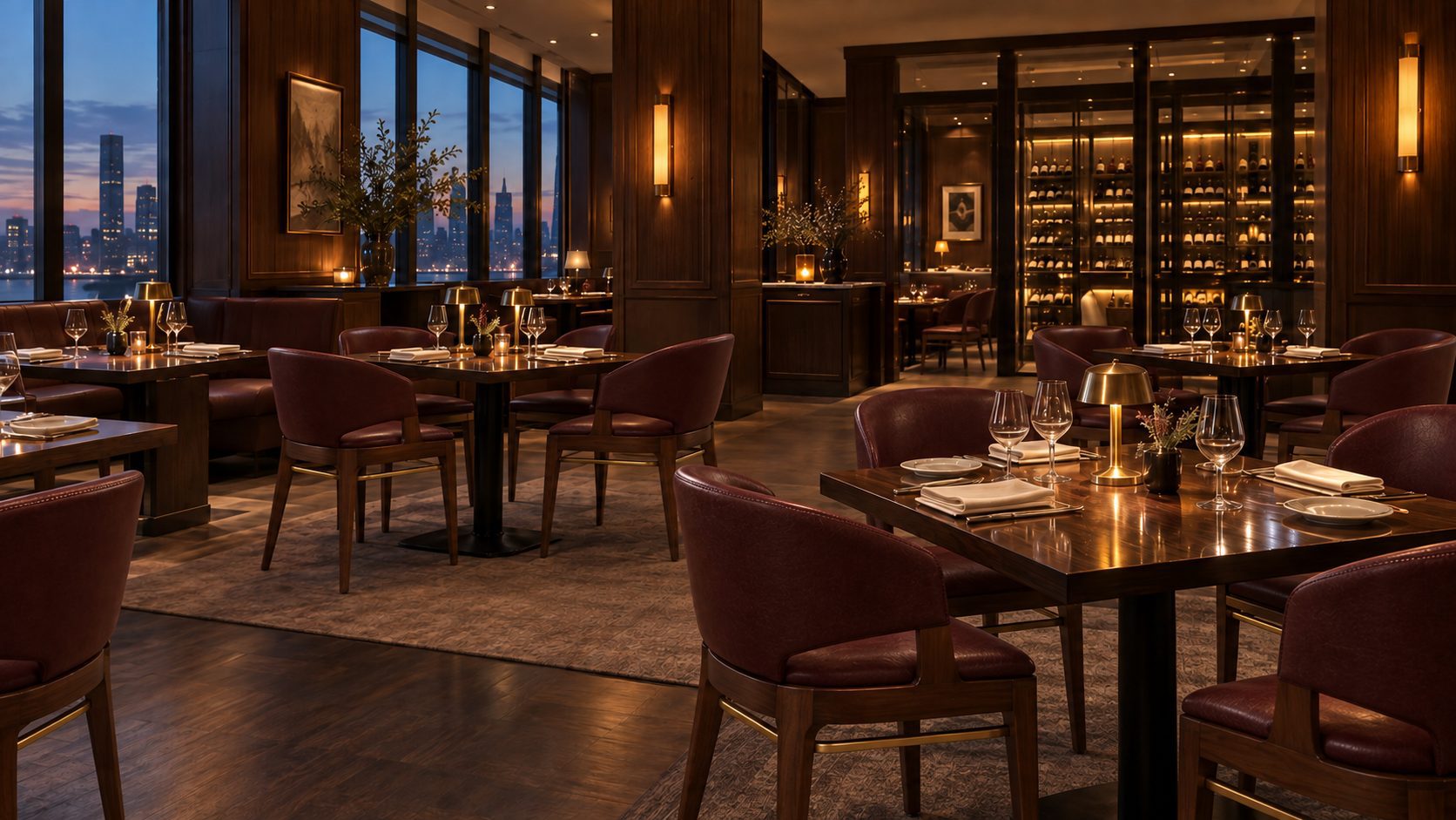Candlelit steakhouse dining room with oxblood leather chairs, dark wood tables and a lit wine wall