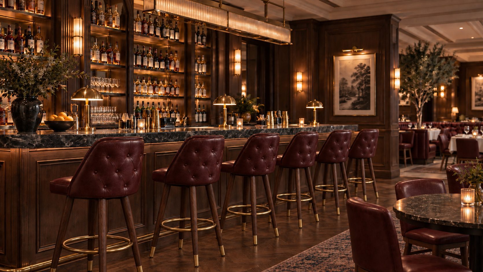 Tufted oxblood leather bar stools with brass footrings line a dark stone bar.