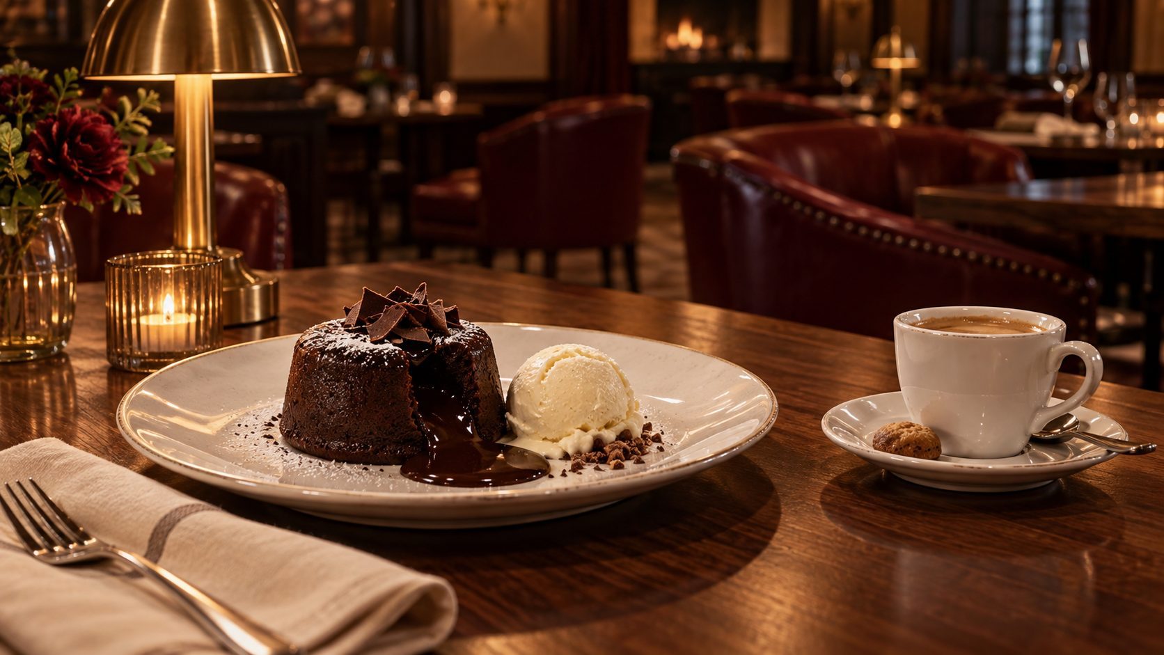 Chocolate dessert and coffee on a warm wood table.