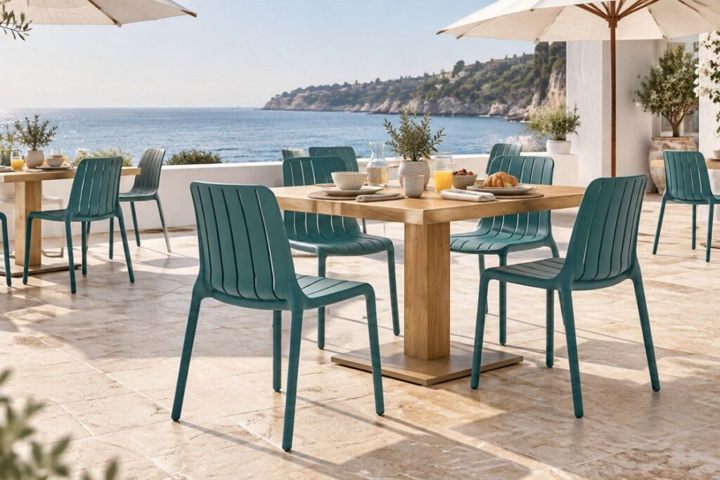 Teal poly-molded outdoor chairs on a seaside terrace – Poly-Molded All-Weather Collection