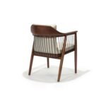 Esmie Chair, Walnut Frame with COM Upholstery, Back Three-Quarter view