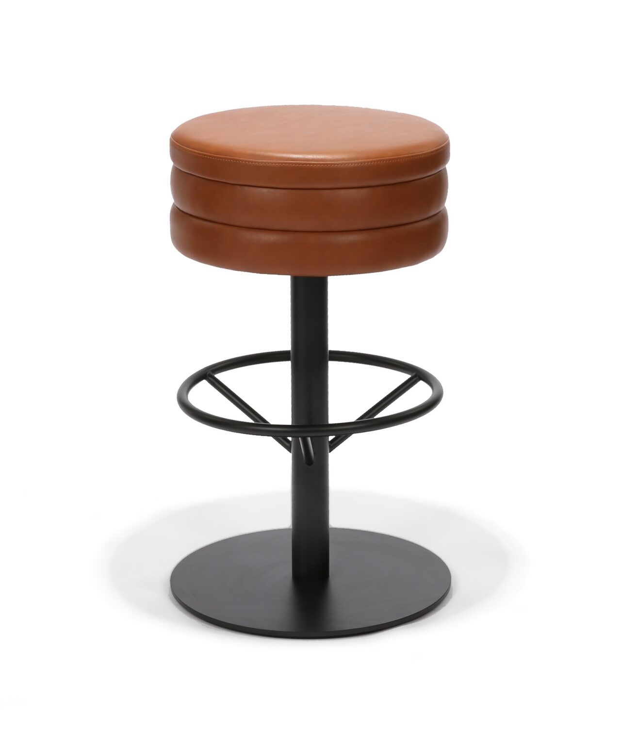 Estrato Stool, Matte Black Steel Base with Caramel Faux Leather, Front view