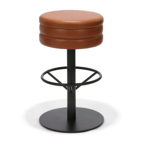 Estrato Stool, Matte Black Steel Base with Caramel Faux Leather, Front view