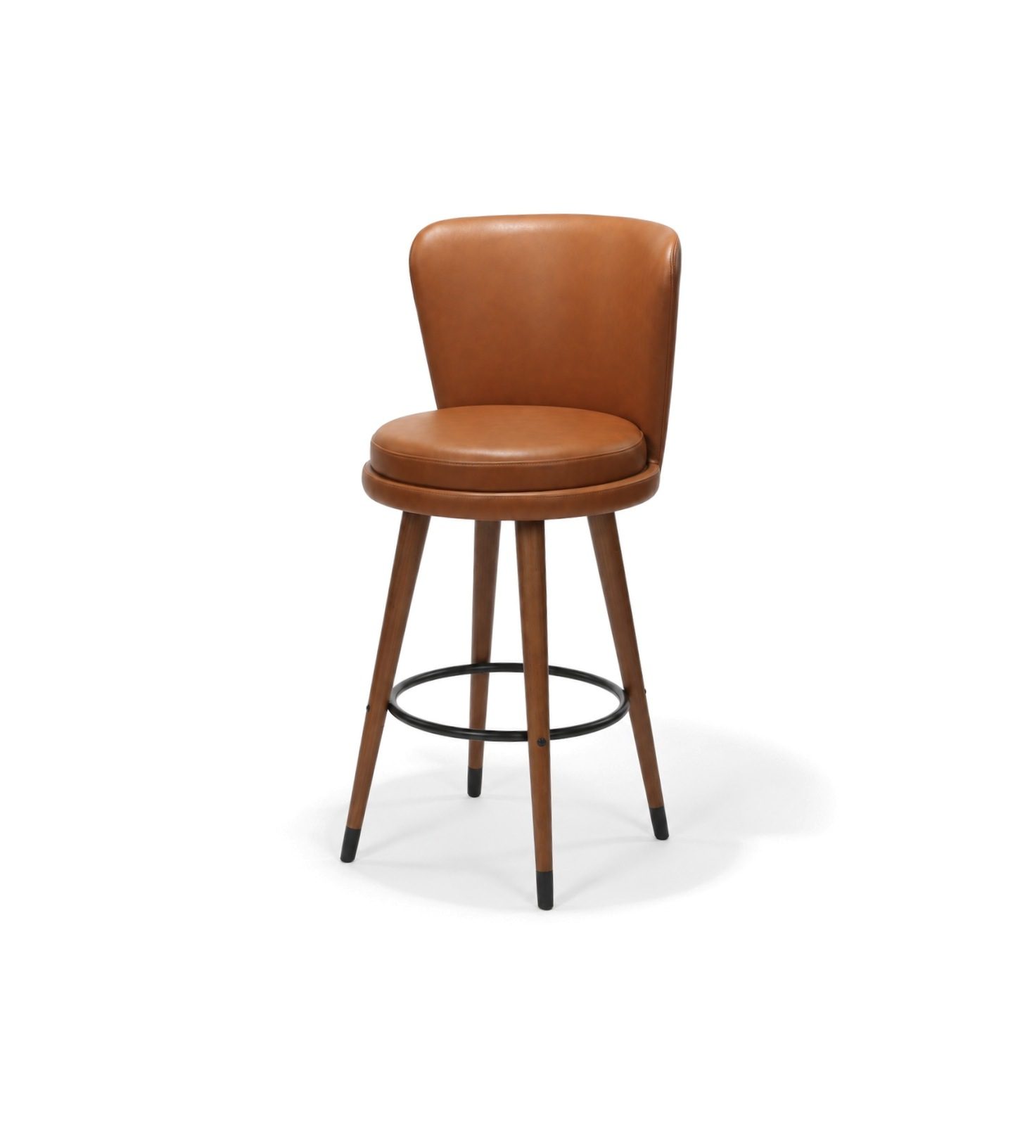 Statton Bar Stool, Walnut Stained Ash with Caramel Faux Leather, Front Three-Quarter view