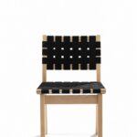 Weaver Chair front view with black woven webbing seat and back on a natural wood frame