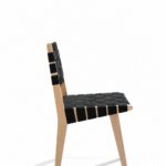 Weaver Chair side view with black woven webbing seat and back on a natural wood frame